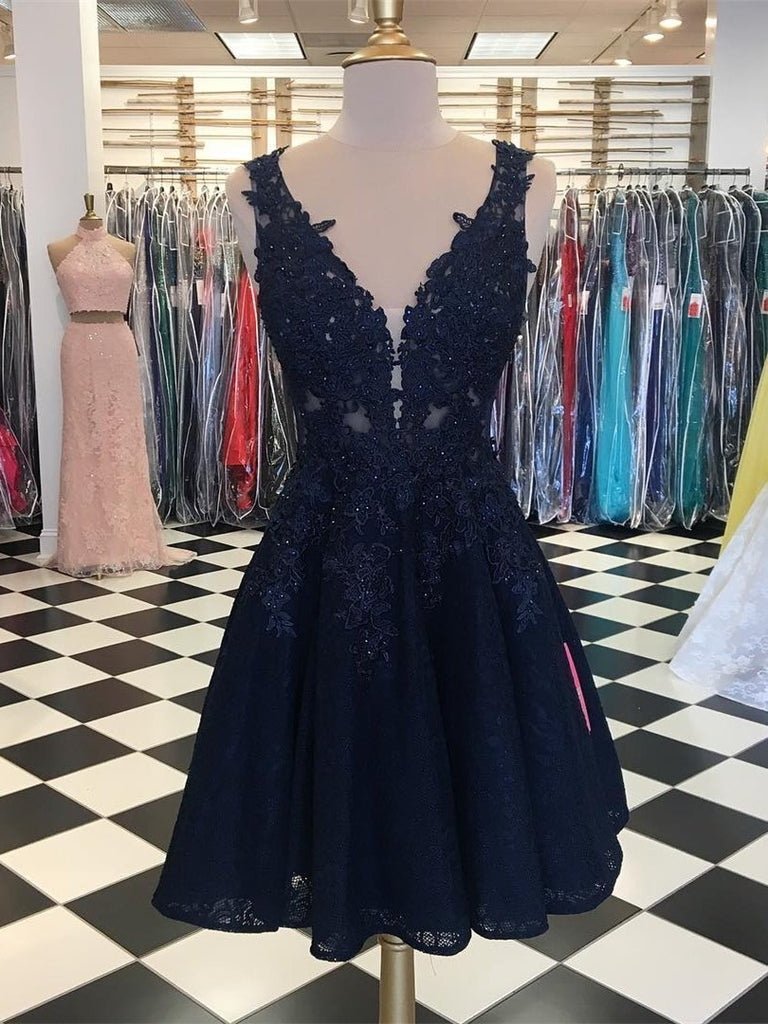 Navy Lace Beaded V Neck Short Cheap Homecoming Dresses Online, CM584