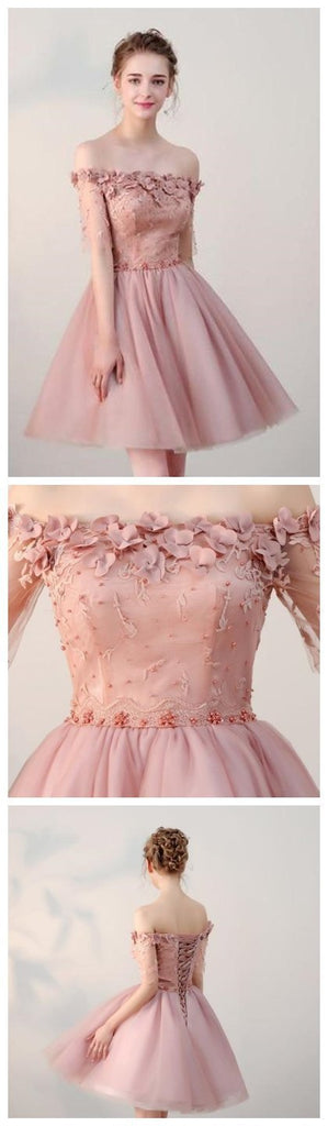 Dusty Pink Off Shoulder Short Sleeves Cheap Homecoming Dresses 2018, CM546