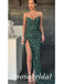 Sexy Drak Green Sequin Spaghetti Straps V-Neck Sleeveless Side Slit Mermaid Long Prom Dresses,PD3643