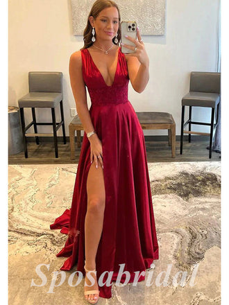 Sexy Satin And Lace Spaghetti Straps V-Neeck Sleeveless Side Slit A-Line Long Prom Dresses, PD3620