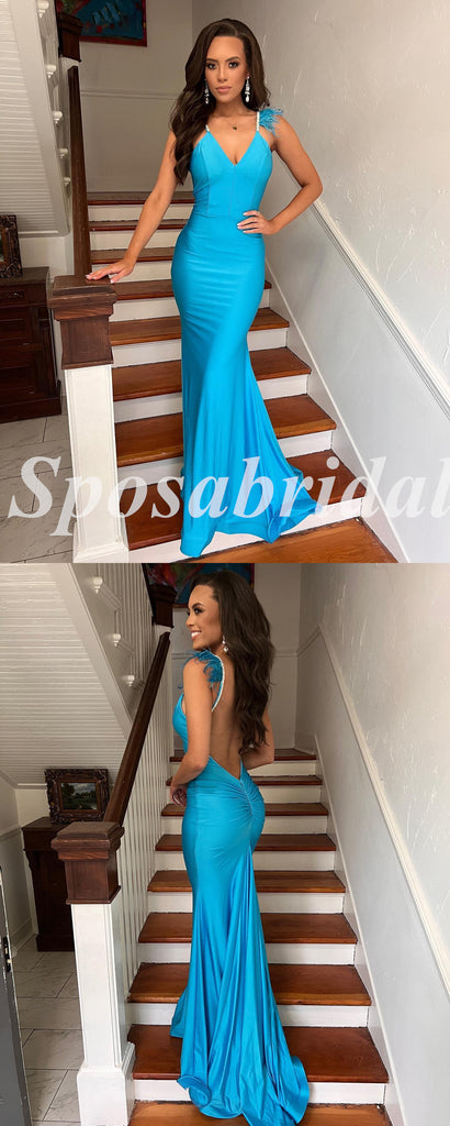 Sexy Satin Spaghetti Straps V-Neck Sleeveless Mermaid Long Prom Dresses With Feather,PD3657