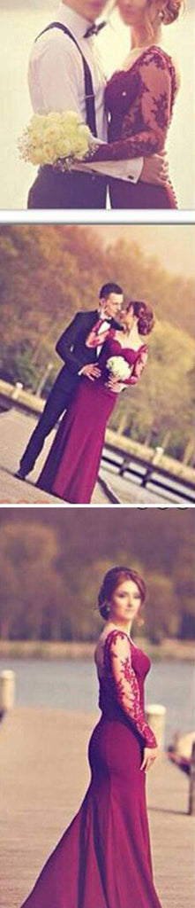 Burgundy Jersey Long Sleeve Lace Wedding Dresses, Popular Prom Dresses, WD0060 - SposaBridal