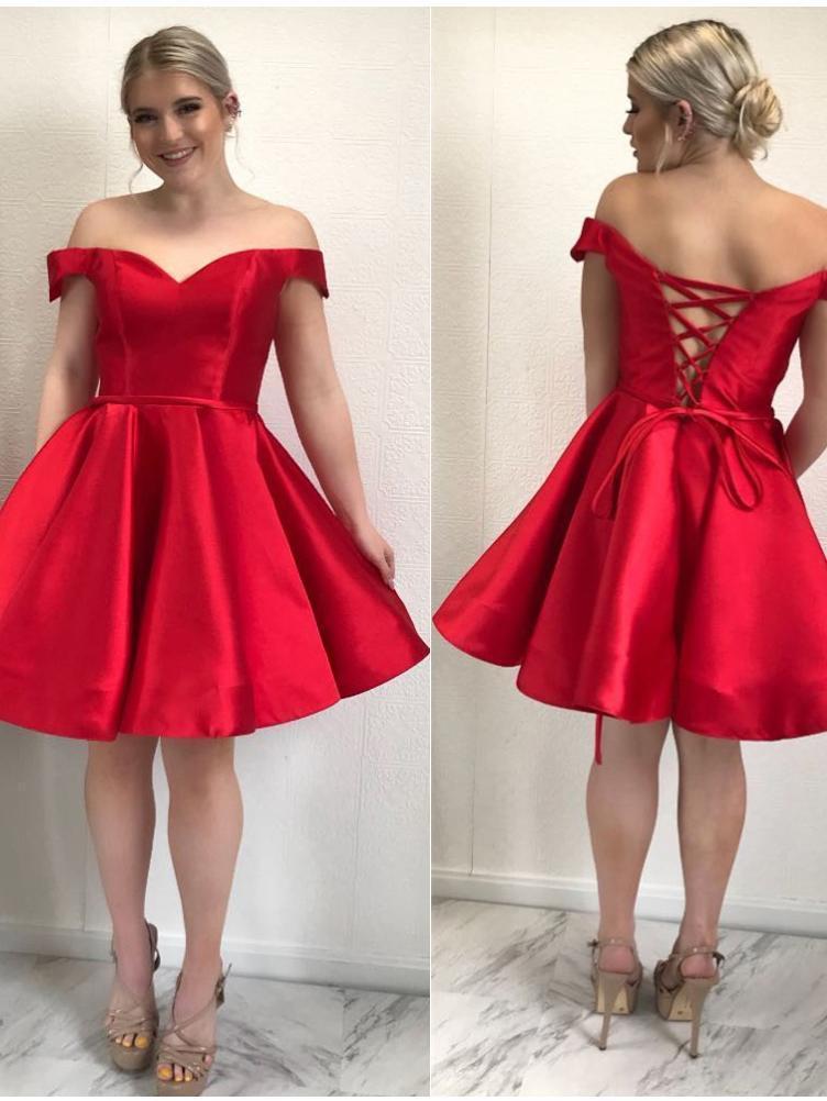 Simple Off Shoulder Red Short Cheap Homecoming Dresses Online, CM586