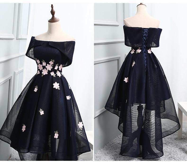 Modest Navy Blue Off-shoulder High-low A-line Cheap Homecoming Dresses, CM509