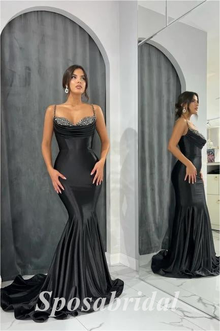 Elegant Satin Spaghetti Straps Sleeveless Mermaid Long Prom Dresses,PD3693