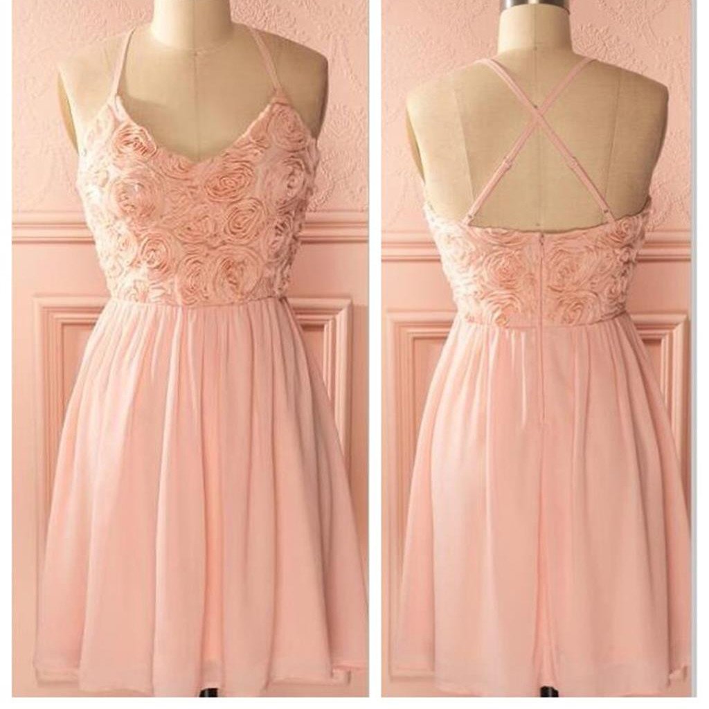 peach pink spaghetti strap simple mini freshman homecoming prom bridesmaid dress,BD0074