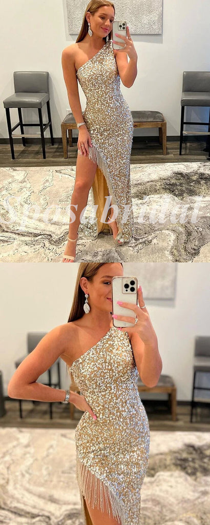 Sexy Sequin One Shoulder Sleeveless Side Slit Mermaid Long Prom Dresses, PD3617