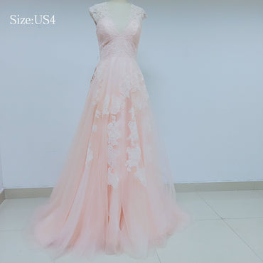Discount Cheap Short in Size In Stock V Neck Peach Lace Prom Dresses Online,DD003