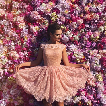 Cap Sleeve Beaded Cute Peach Lace Homecoming Dresses 2018, CM441 - SposaBridal