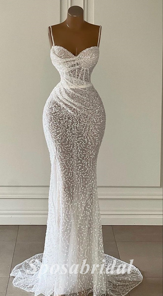 Sexy White Tulle Sequin Lace Spaghetti Straps V-Neck Sleeveless Mermaid Long Prom Dresses,PD3697