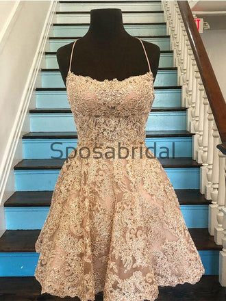 A-Line Champagne Lace Modest Unique Homecoming Dresses BD0423