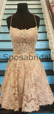 A-Line Champagne Lace Modest Unique Homecoming Dresses BD0423