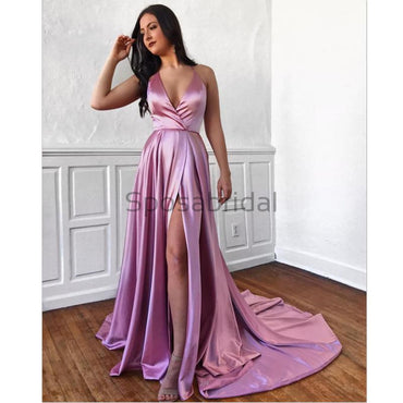 A-Line Cheap V-Neck Side Slit Spaghetti Straps Simple Long Prom Dresses PD1513