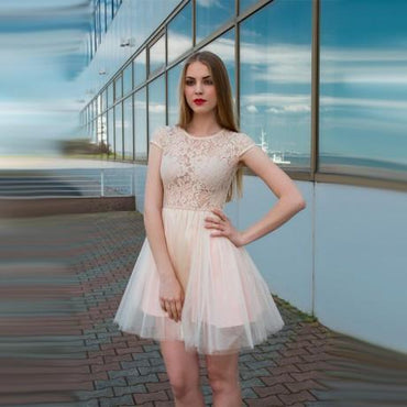 Cap Sleeves See-Through Cheap Free Custom Junior Short  Homecoming Dress with Lace, BD0245 - SposaBridal