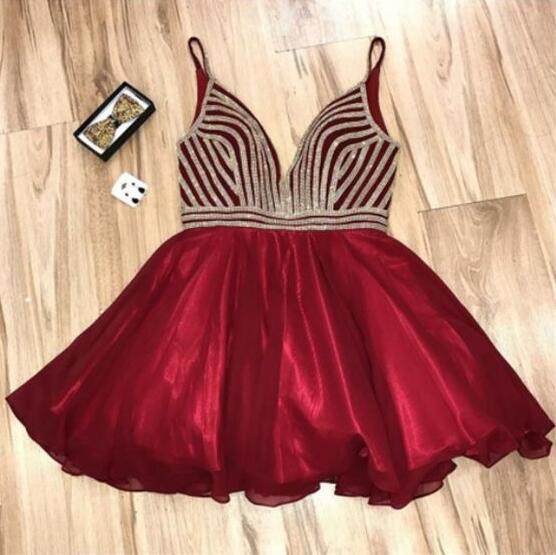 A-Line Deep V-Neck Popular Short Junior Cheap Sparkly Shinning Homecoming Dress, BD0235 - SposaBridal