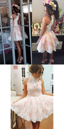 Popular Modest Junior High Neck Appliques Short Lace Homecoming Dresses, BD0247