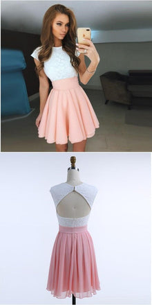 Freshman A-Line Cap Sleeves Open Back Pink Top Lace Short Homecoming Dresses, BD0252