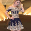 A-Line Off-the-Shoulder Short Sleeves Appliques Navy Blue Homecoming Dresses ,BD0255
