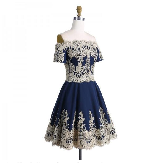A-Line Off-the-Shoulder Short Sleeves Appliques Navy Blue Homecoming Dresses ,BD0255 - SposaBridal