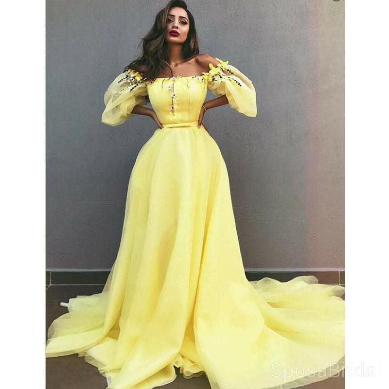 A-Line Off-the-Shoulder Yellow Tulle Modest Unique Elegant Prom Dressse with Appliques, PD1248