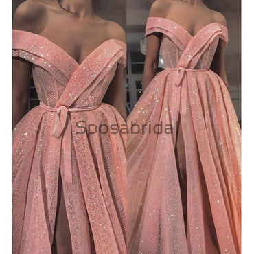 A-Line Pink Sparkly Side Slit Off the Shoulder Formal Long Prom Dresses PD1807