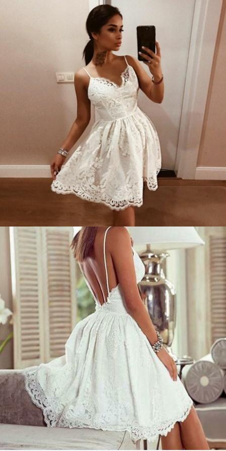 Charming Popular Cheap Spaghetti Straps Backless Homecoming Dresses with Lace Appliques ,BD0257 - SposaBridal