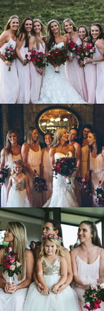 A-Line Spaghetti Straps Floor-Length Pink Chiffon Cheap Simple Bridesmaid Dresses, WG238 - SposaBridal