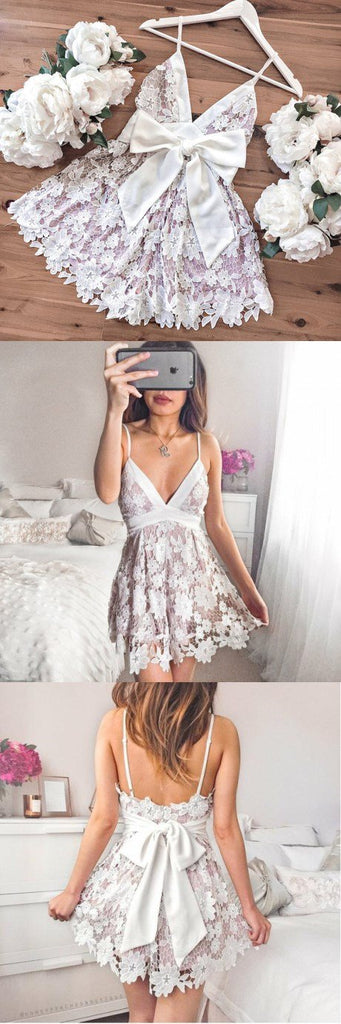Cheap Freshman Spaghetti Straps Short Popular Lace Homecoming Dress with Sash, BD0259 - SposaBridal