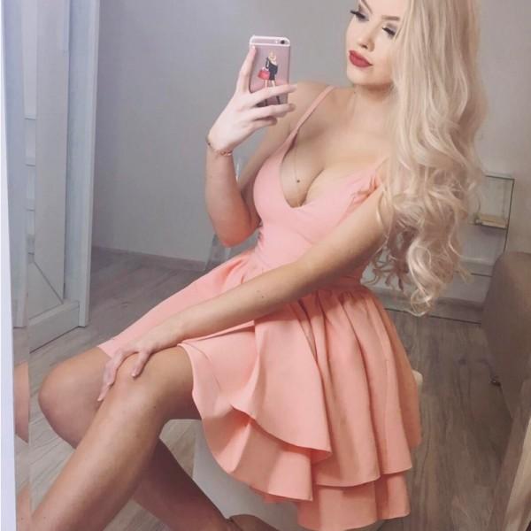 A-Line Spaghetti Straps Short Pink Satin Homecoming Dress with Pleats,  BD0233 - SposaBridal