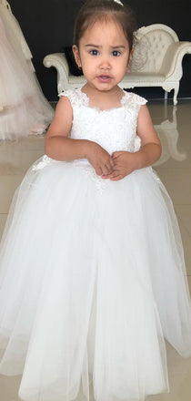 A-line Cap Sleeves Ivory Tulle Popular Flower Girl Dresses with Bow, FG143