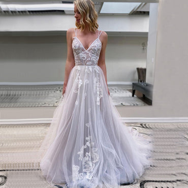 A-line Fashion V-Neck Spaghetti Straps Tulle Long Prom Dresses PD2397
