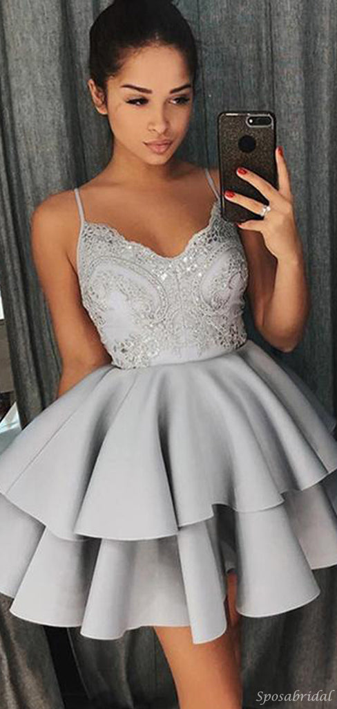 Gray Spaghetti Strap V-neck A-line Lace Short Homecoming Dresses, BD0424