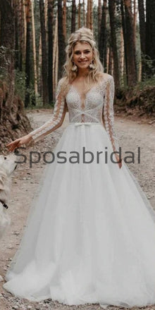 A-line Lace Long Sleeves Beach Dream Vintage Wedding Dresses WD0476