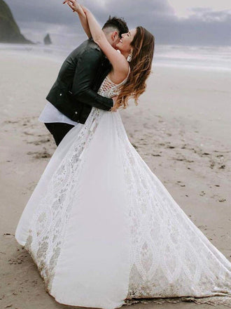 Charming Boho Spaghetti Strap A-line Lace Long Beach Wedding Dresses, WD0596