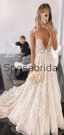 A-line Lace V-Neck Vintage Cap Sleeves Romantic Wedding Dresses WD0376