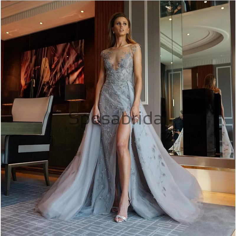 A-line Light Gray Side Slit Lace Modest Long Prom Dresses PD2185