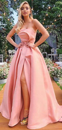 A-line Modest Strapless Pink Satin Prom Dresses PD2348