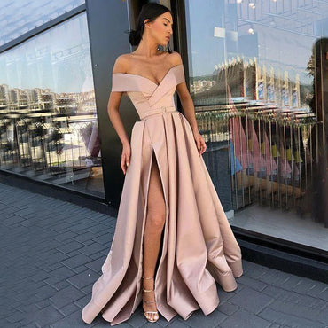 A-line Off the Shoulder Modest Side Split Red Unique Prom Dresses, PD0877