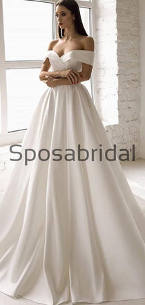 A-line Off the Shoulder Satin Vintage Simple Wedding Dresses WD0407