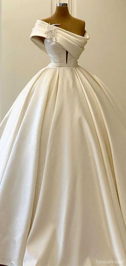 Elegant A-line One Shoulder Satin Wedding Dress, Wedding Gown, WD0599