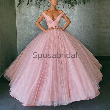 A-line Pink Tulle V-Neck Formal Elegant Prom Dresses PD2154
