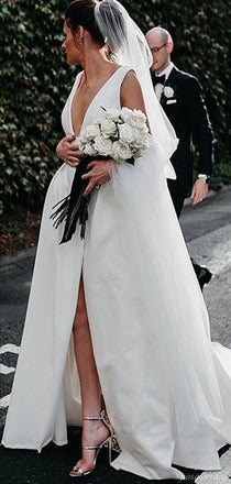 Sexy Deep V-neck A-line Simple Cheap Long Ivory Wedding Dresses, WD0564