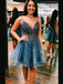 Sparkly Sea Blue V-Neck Spaghetti Strap Short Homecoming Dresses, BD0438