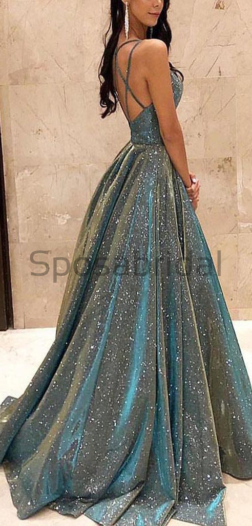 A-line Gorgeous Shining Sequin Sexy Sparkling Crystal Backless Long Modest Prom Dresses PD1528