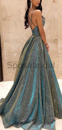 A-line Gorgeous Shining Sequin Sexy Sparkling Crystal Backless Long Modest Prom Dresses PD1528