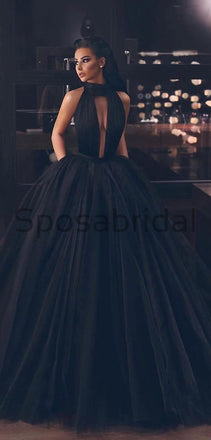 A-line Long Halter Black Tulle Sleeveless Long Modest Elegant Prom Dresses PD1603