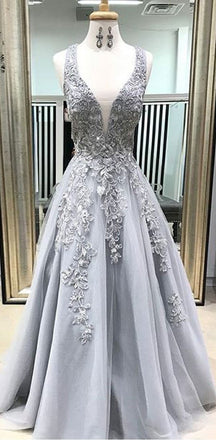 A-line Modest Popular Elegant Formal Deep V Neck Long Prom Dresses with Appliques, PD1302