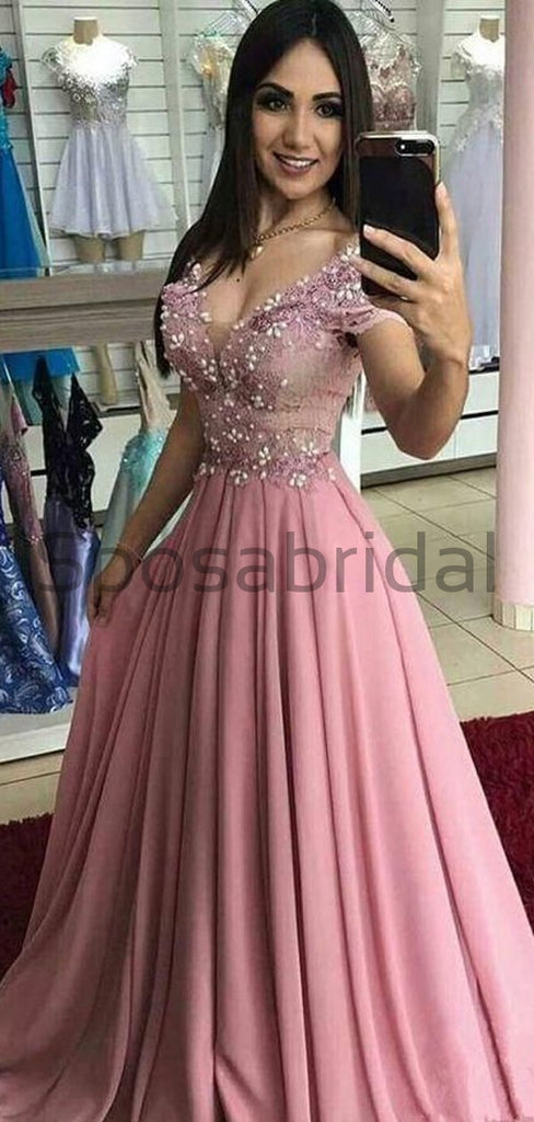 A-line Off the Shoulder Pink Lace Long Formal Elegant Prom Dresses  PD1718