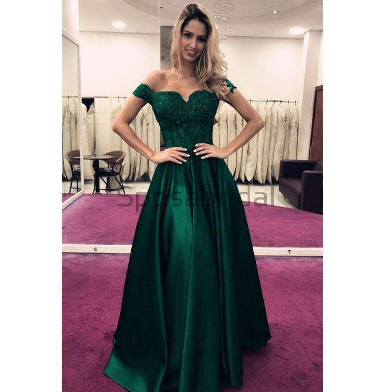 A-line Off the Shoulder Satin Green Elegant Modest Formal Prom Dresses PD1723