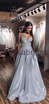 A-line Spaghetti Straps Cheap Silver Sparkly Prom Dresses PD2134